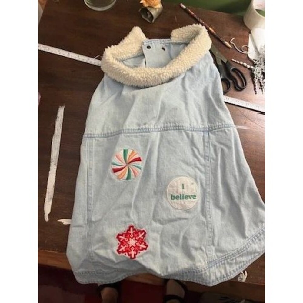 Light Blue Denim Dog Jacket with Fleece Collar - Size L